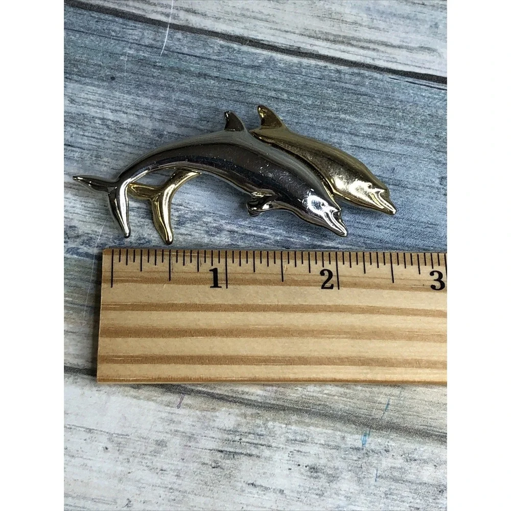 Vintage LIZ CLAIBORNE BROOCH PIN Silver & Gold‎ Tone DOUBLE DOLPHINS JUMPING